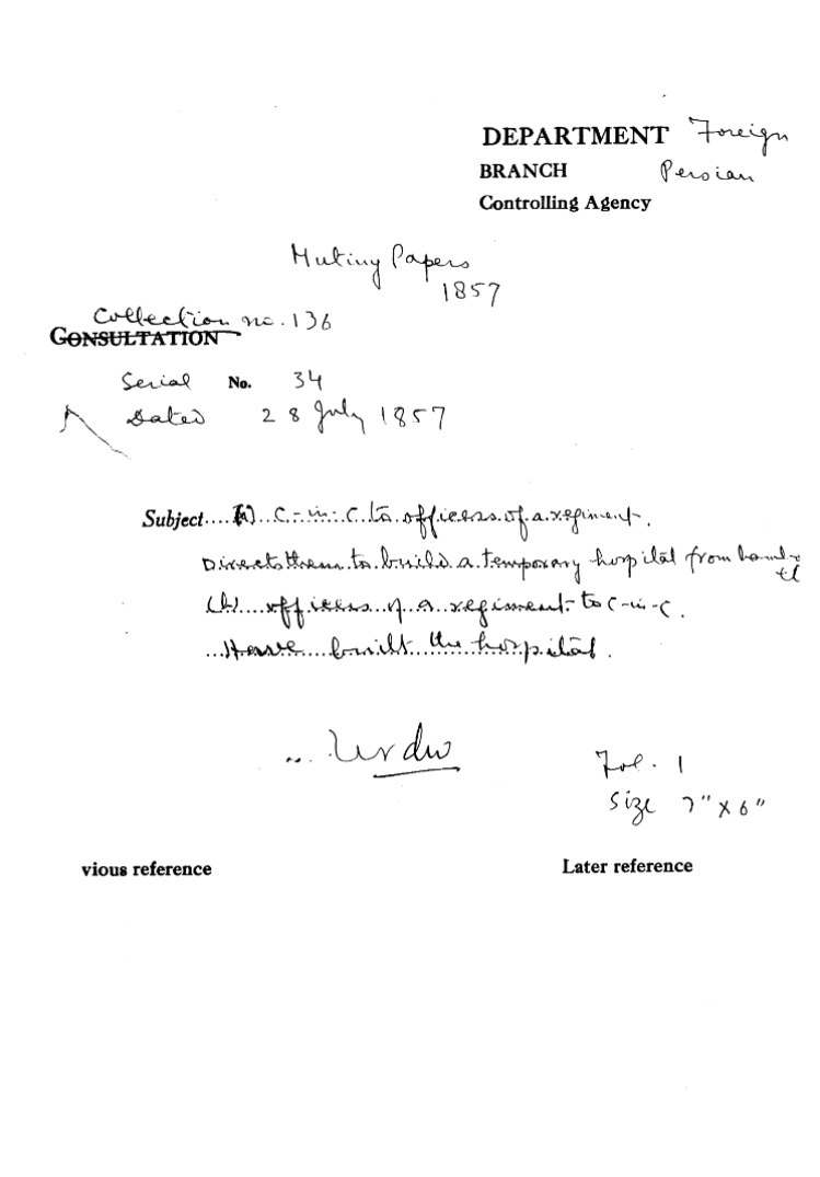 (A) C-in-C (Mirza Mughal) to officers of a Regiment Directs them to Build a Temporary Hospital From Bamboos (B) officers of a Regiment to C-in-C (Mirza Mughal) Have Built the Hospital.