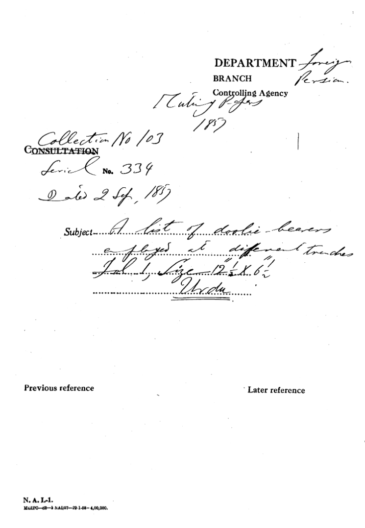 A List of Dolie Bearers Employed at Different Trenches.