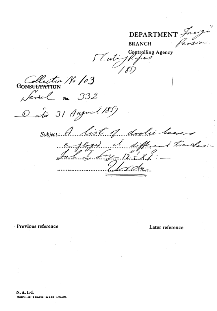 A List of Dolie Bearers Employed at Different Trenches.