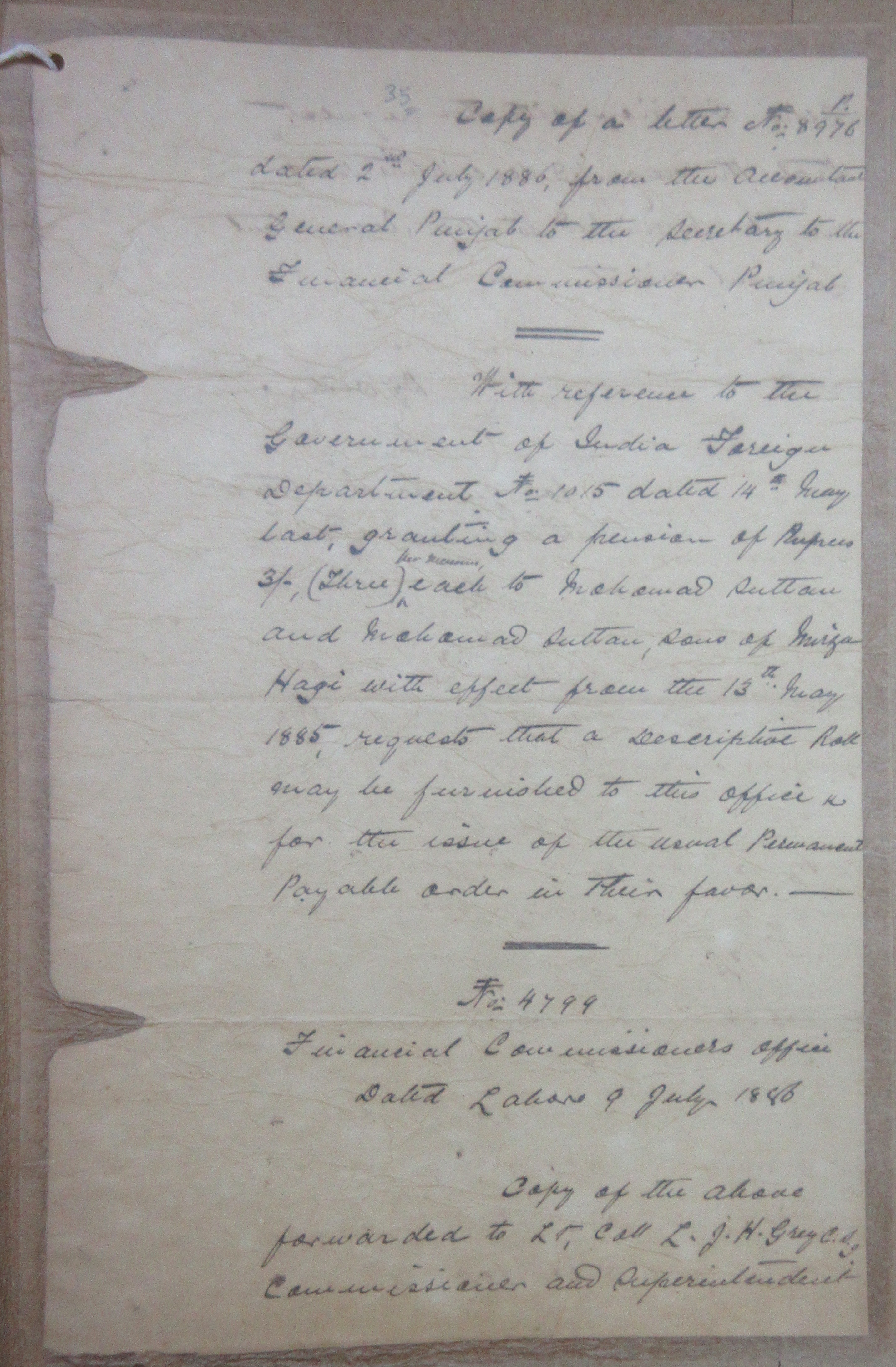 A Pension of Rupees 3 (Three) Each to Muhammad Sultan and Muhammad Sultan Sons of Mirza Haji with Effect from 13 May 1885, File No. 55