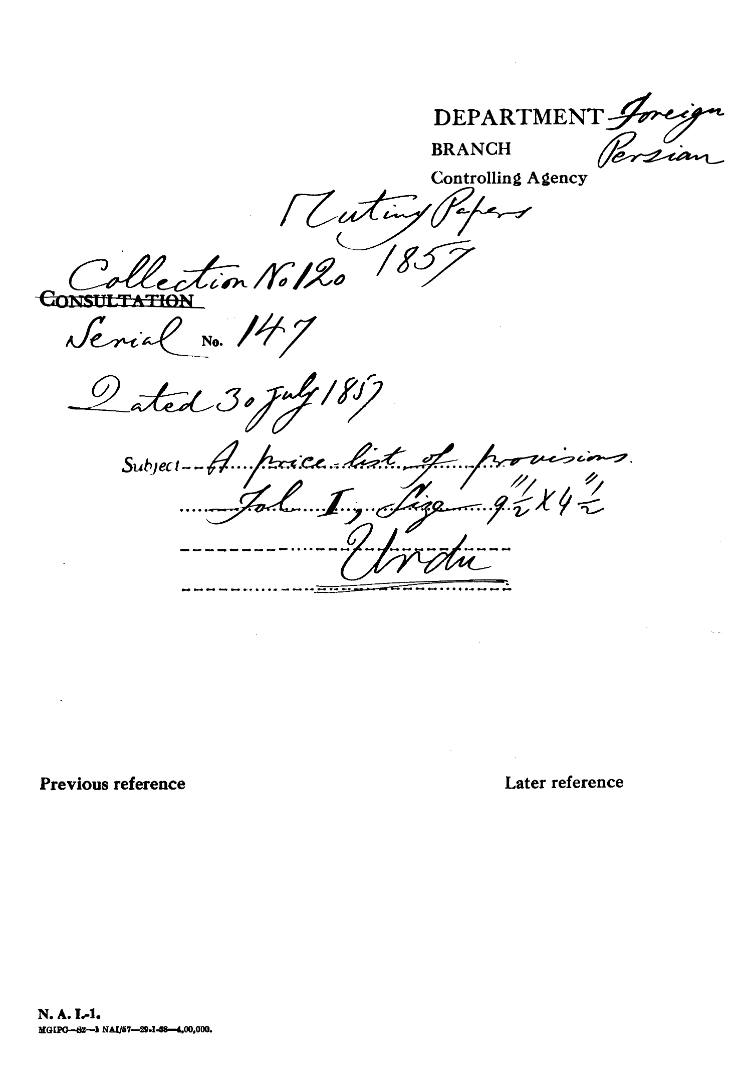 A Price List of Provision, Dated on July 30, 1857