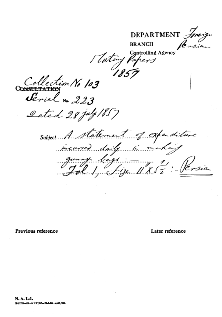 A Statement of Expenditure Incomed Daily In Maching Gunny Bags.