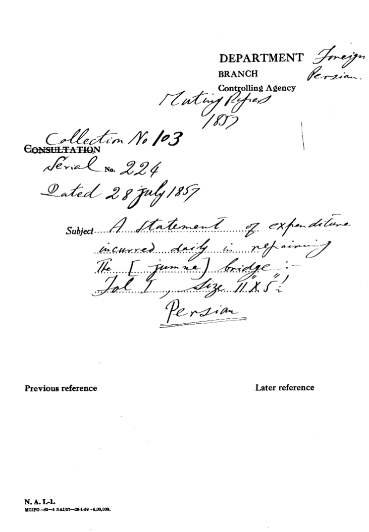 A Statement of Expendture Incurred Daily In Repaining the Jumna Bridge.