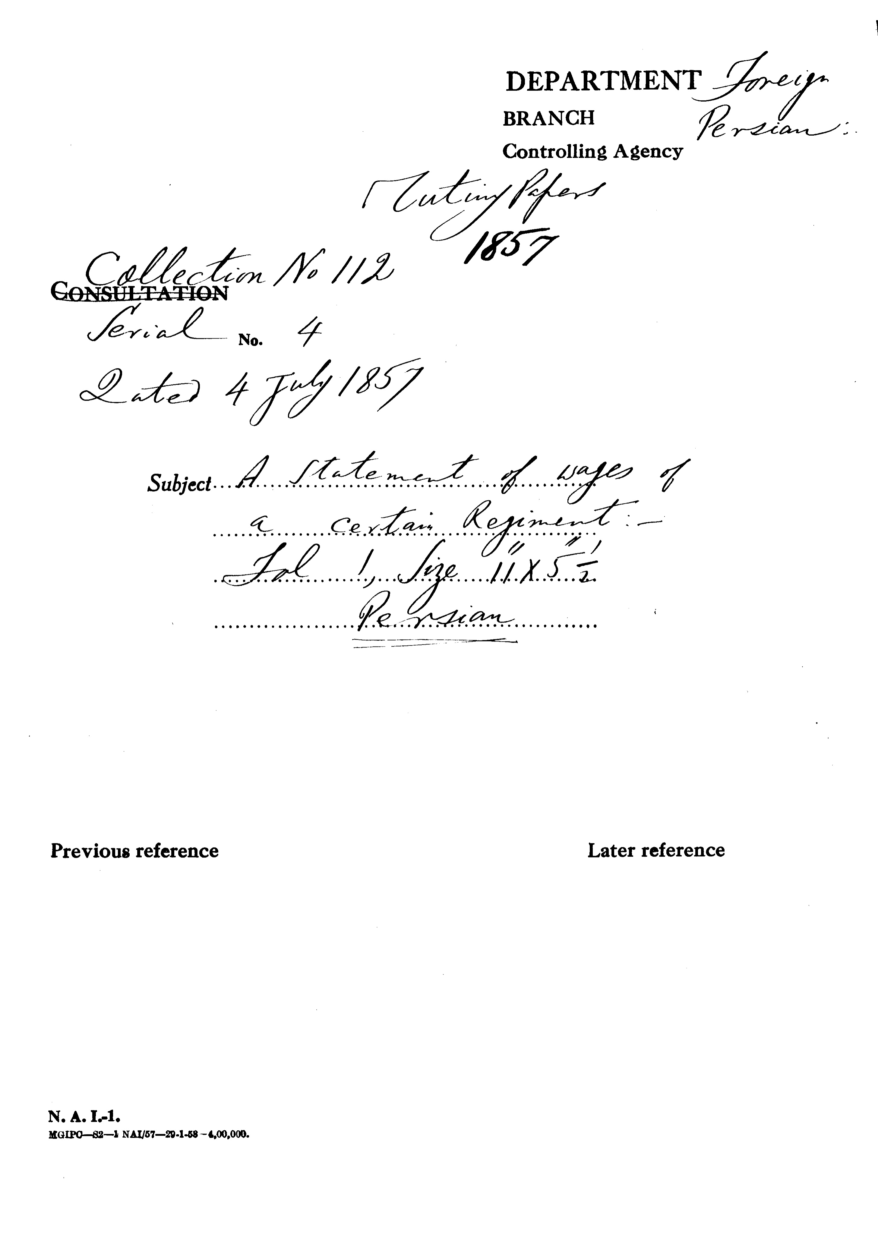 A Statement of Wages of a Certain Regiment.(Delhi).