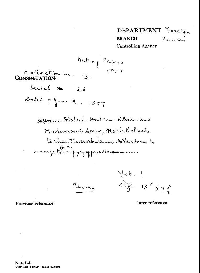 Abdul Hakim Khan and Muhammad Amir, Naib Kotwals to the Thanahdars asks them to anarge For the Supply of Provisions.