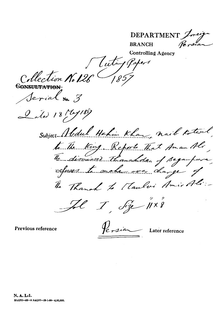 Abdul Hakim Khan, Naib Kotwal to the King Report that aman Ali the Dismissed Thanahdar of Begampura Refuses to Make Over Charge of the Thanah to Maulvi Amir Ali.(Delhi)