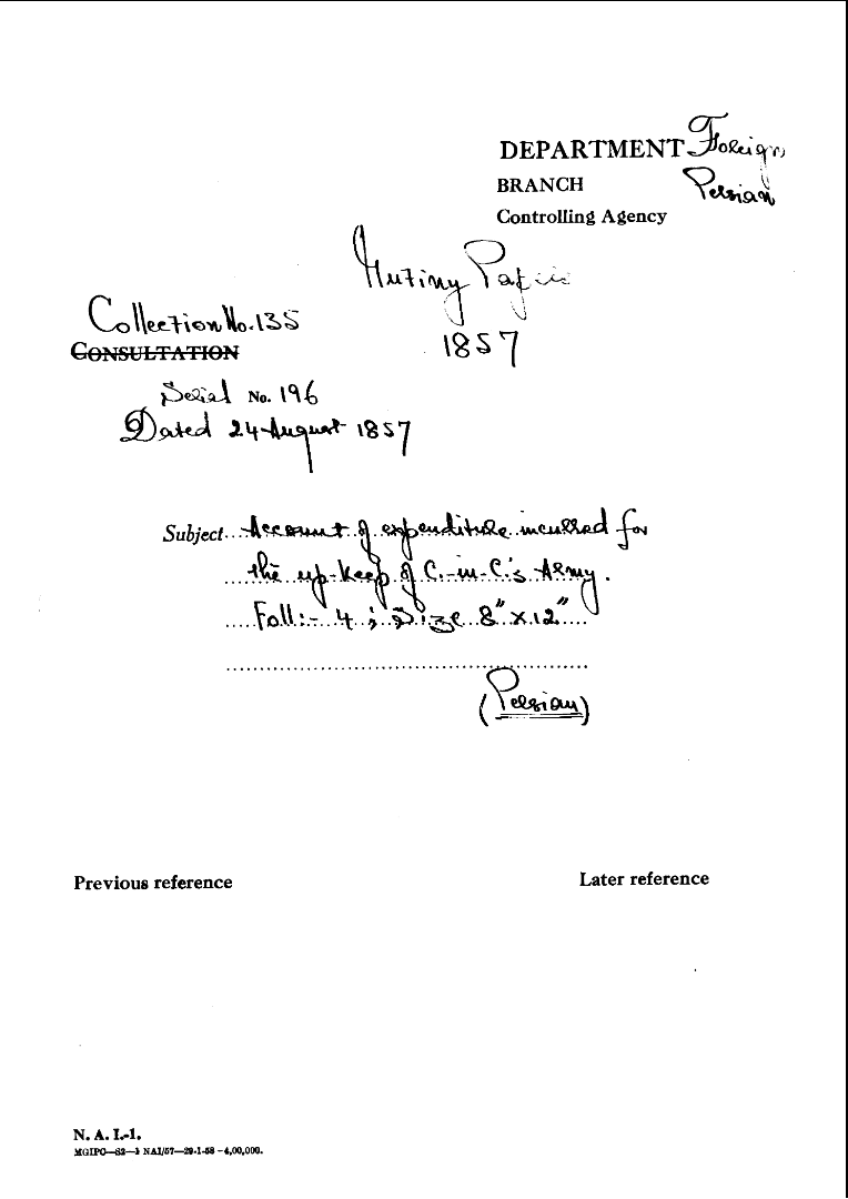 Account of Expenditure Incurred For the Up Keep of C-in-C army