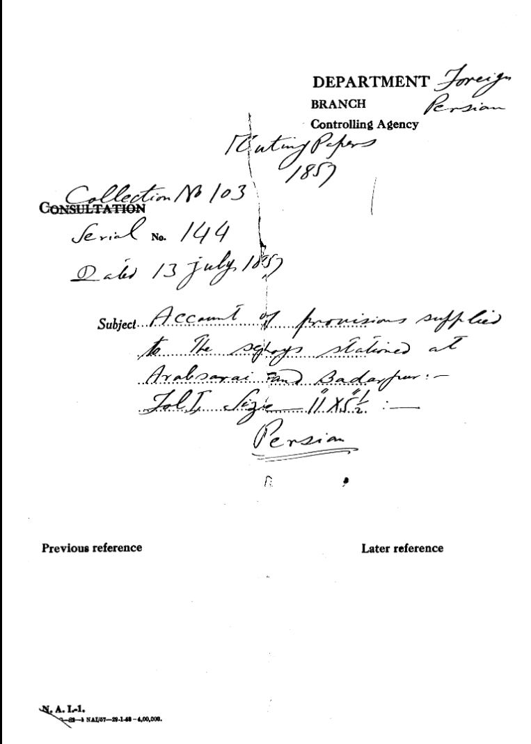 Account of Provisions Supplied to the Sehoys Staioned at arabsarai and Badarpur.