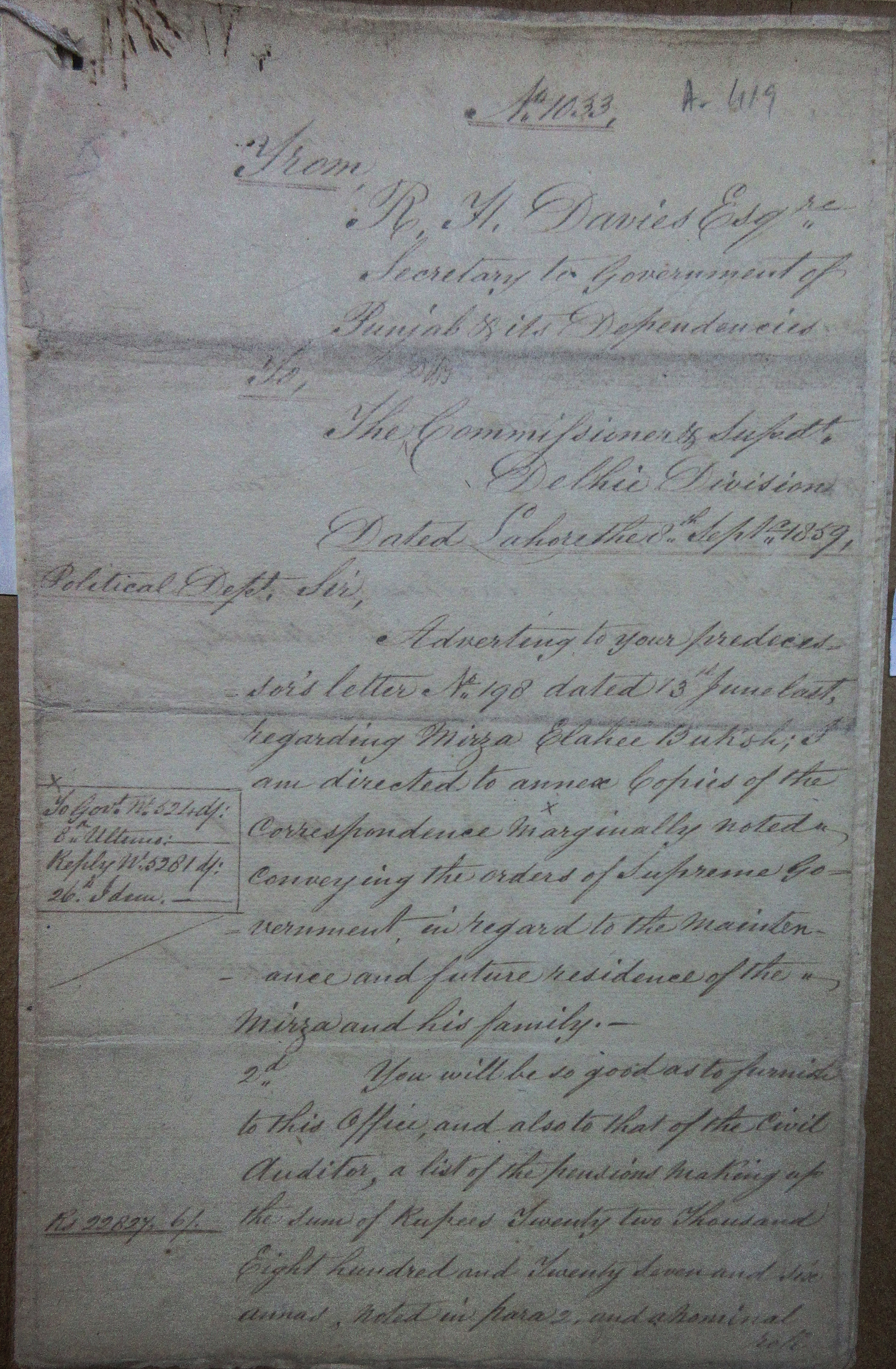 Advertising to your predecires Letter No.1898 Dated 13th June last Regarding Mirza Ilahi Bukhsh.  File No.3