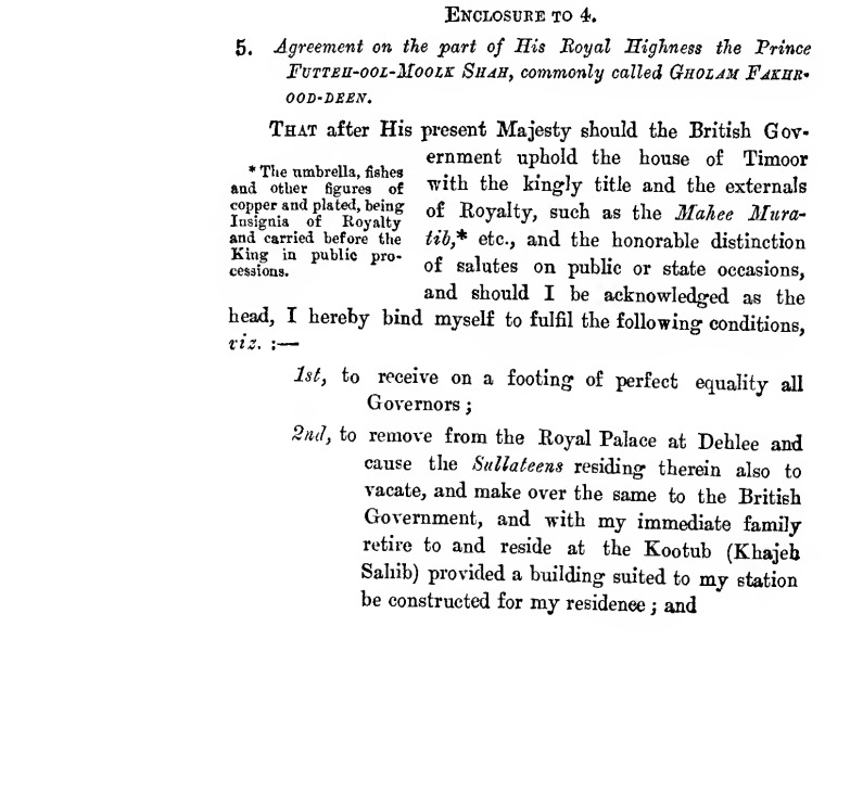 Agreement on the part of His Royal Highness the Prince Futtuh-ool-Moolk Shah, commonly called Gholam Fakhroo-deen