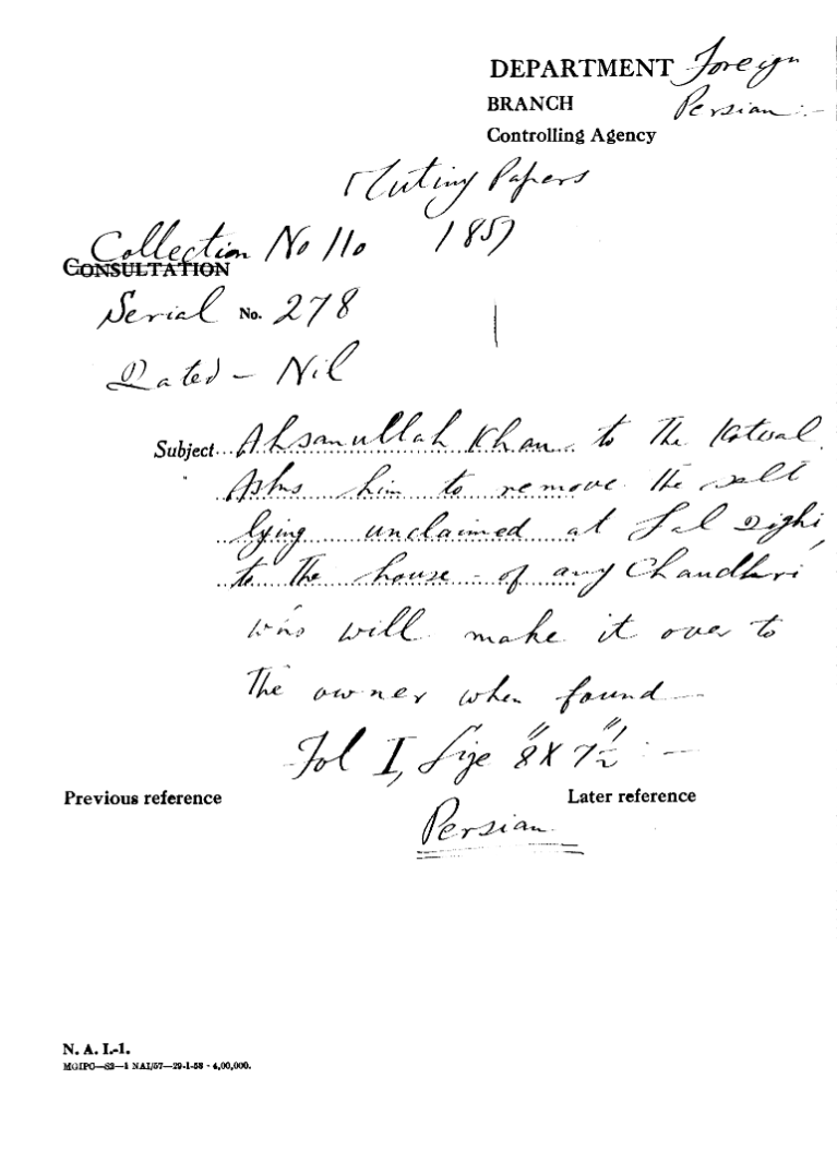 Ahsanullah Khan to the Kotwal asks him to Remove the Salt Lying Unclaimed at Lal Dighi to the House of any Chaudhri Who Will Make Over to the Owner When Found.