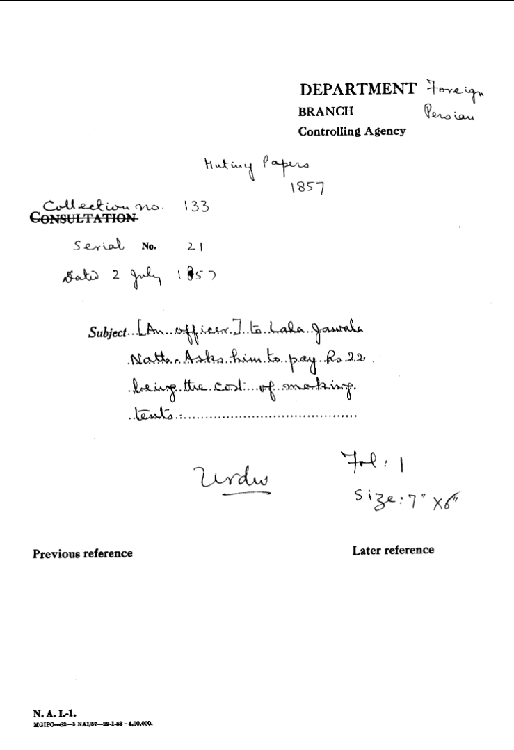 An officer to Lala Jawala Naths, asks him to Pay Rs. 22 Being the Cost of Making Tents.