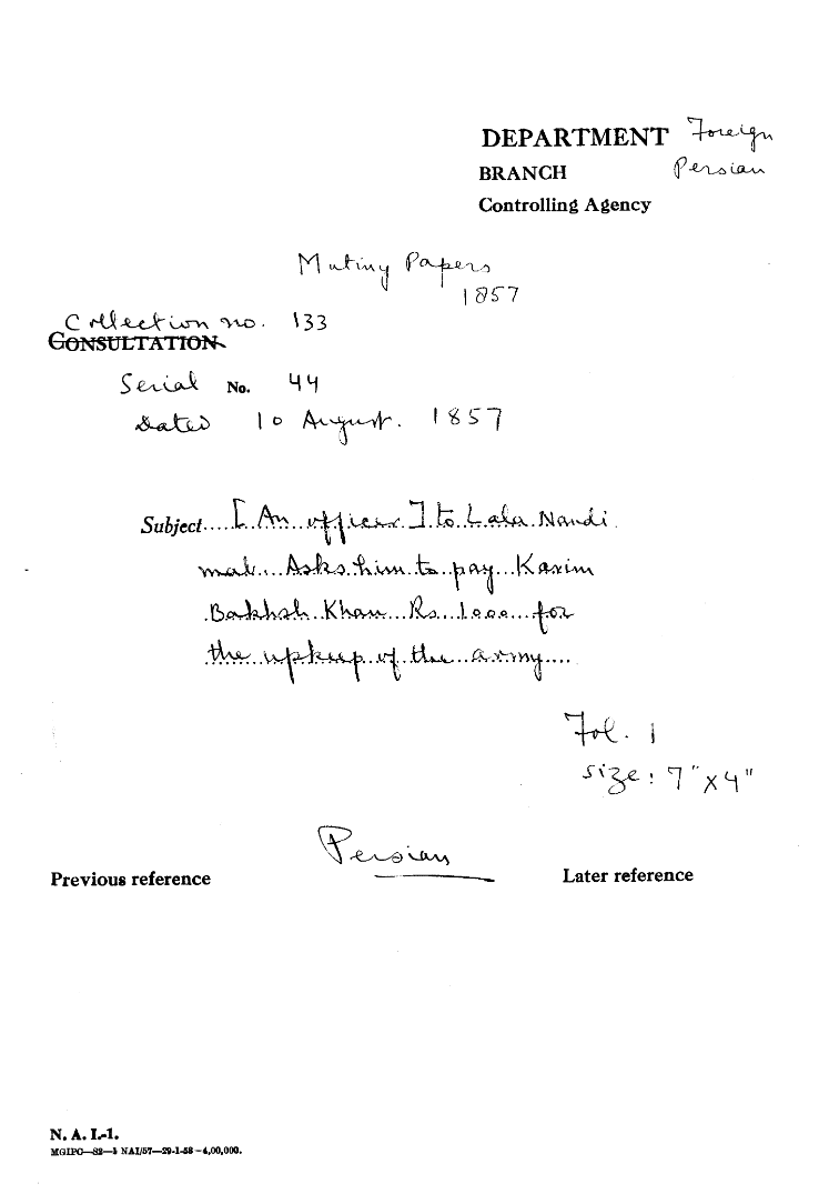 (An officer) to Lala Nandi Mal asks him to Pay Karim Bakhsh Khan Rs. 1000 For the Up Keep of the Army