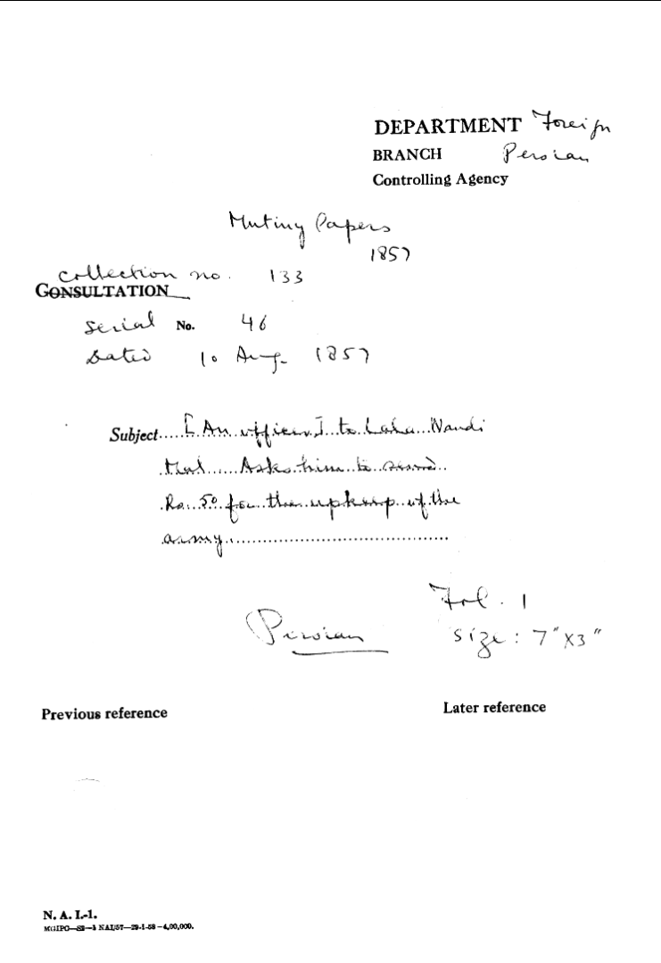 (An officer) to Lala Nandi Mal asks him to Send Rs. 50 For the Upkeep of the army