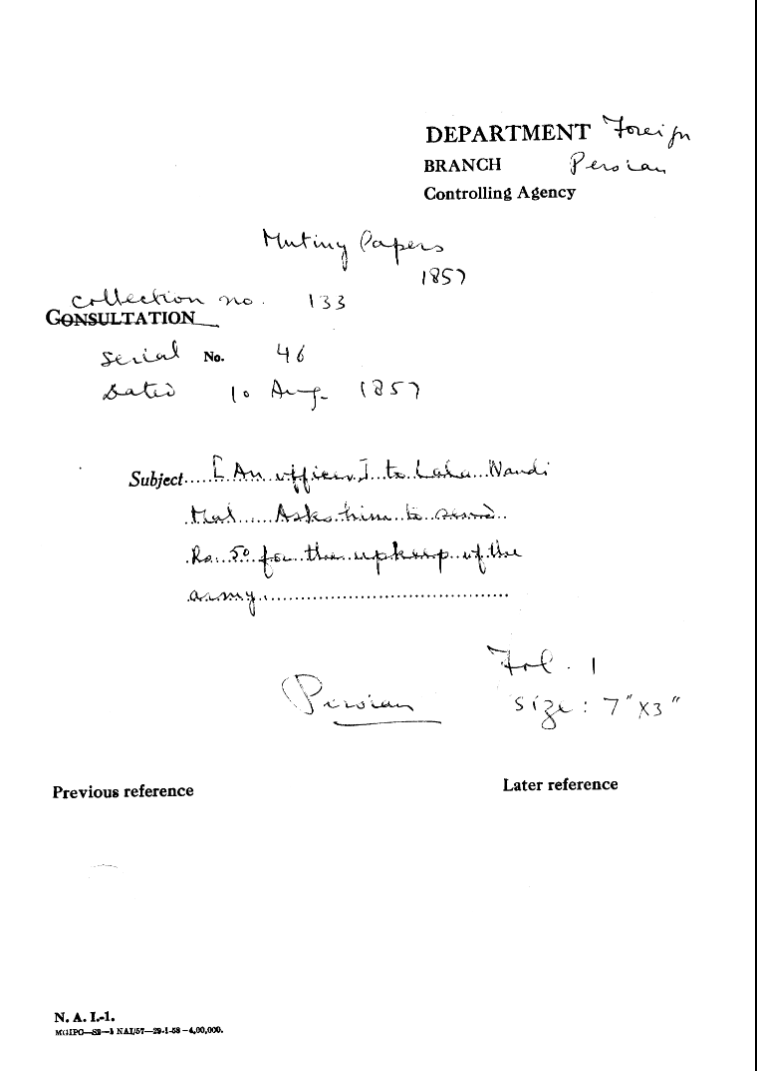 (An officer) to Lala Nandi Mal asks him to Send Rs. 50 For the Upkeep of the army