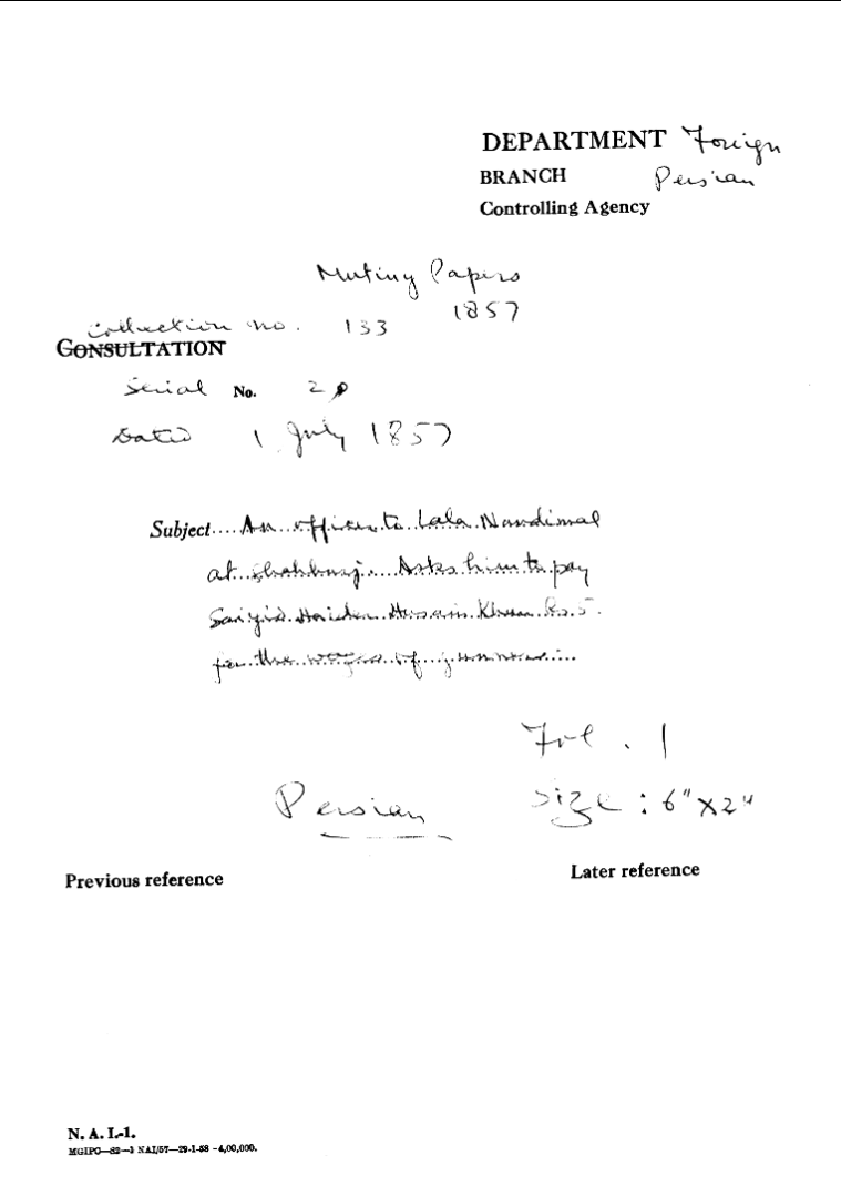 An officer to Lala Nundinal at Shamburg asks him to Pay Saiyid Haider Husain Khan Rs.5 For the Wages of Jonner's