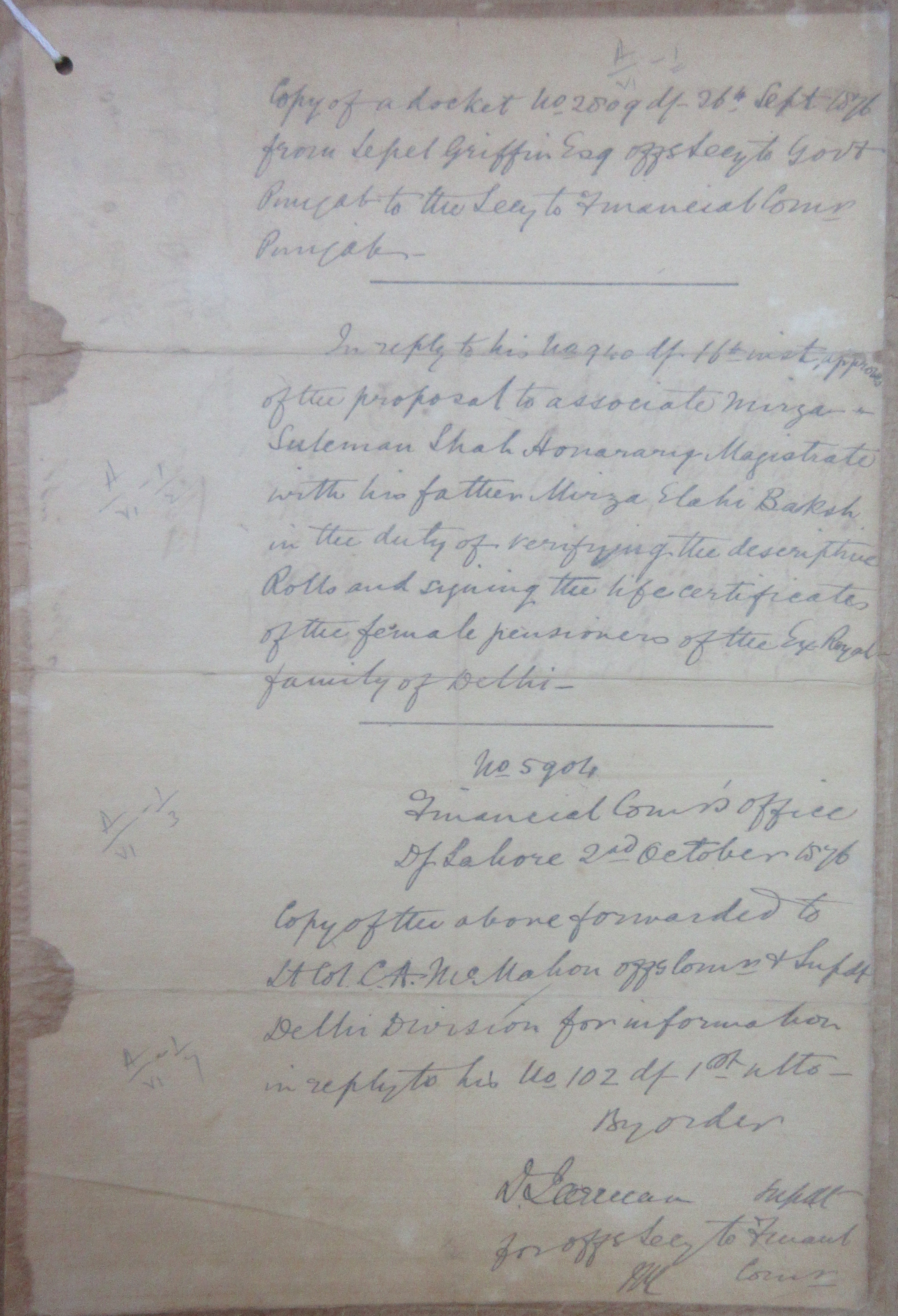 Approval of the Proposal to Associate Mirza Suleman Shah Honorary Magistrate With His Father Mirza Ilahi Bakhsh in the Duty of Verifying the Descriptive Rolls and Signing the life Certificates of the Female Pensioners Of the Imperial Family of Hindustan (Delhi Branch), File No. 28