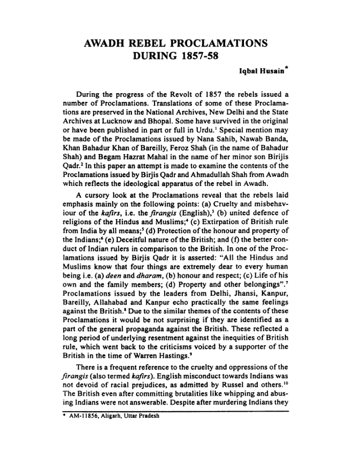 Awadh Rebel Proclamations During 1857-58