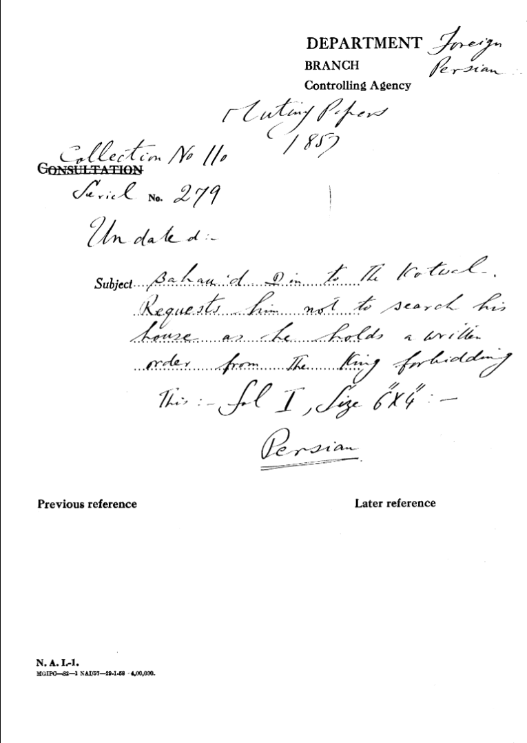 Bahau'D Din to the Kotwal. Requests him Not to Search His House as the Holds a Written Order From the Emperor For Hidding This.