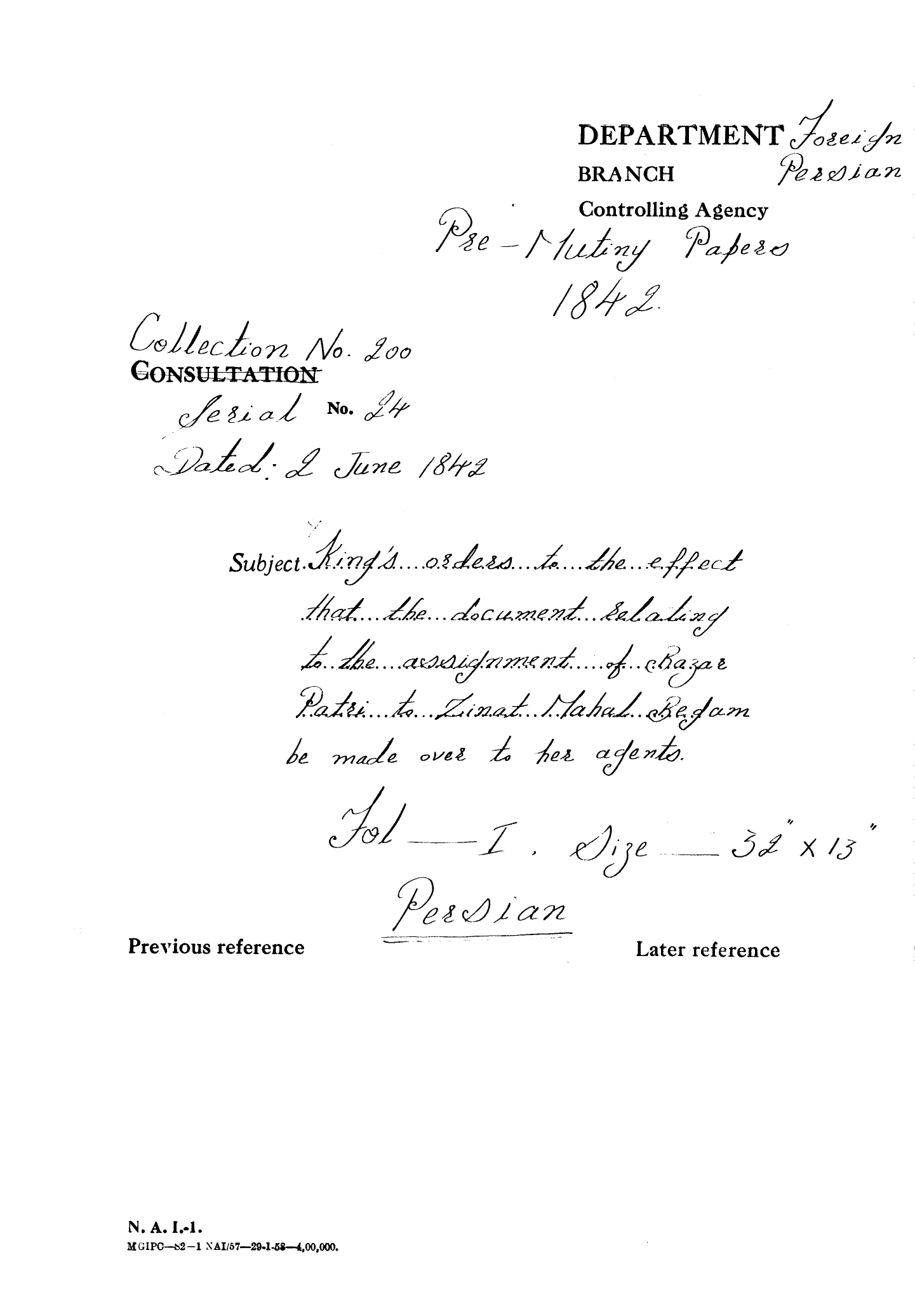 Bazar Patri to Zinat Mahal Begum be made over  to her agents.