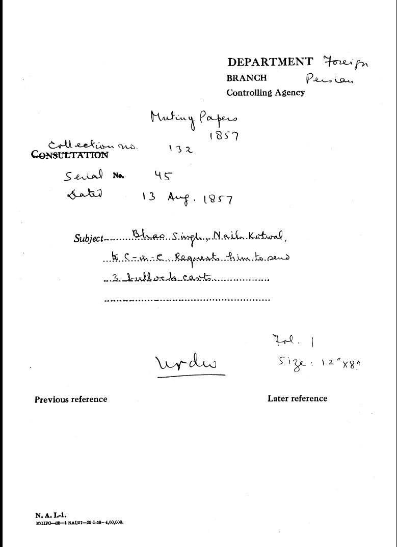 Bhao Singh Naib Kotwal to Mirza Mughal Request him to Send 3 Bullock carts.