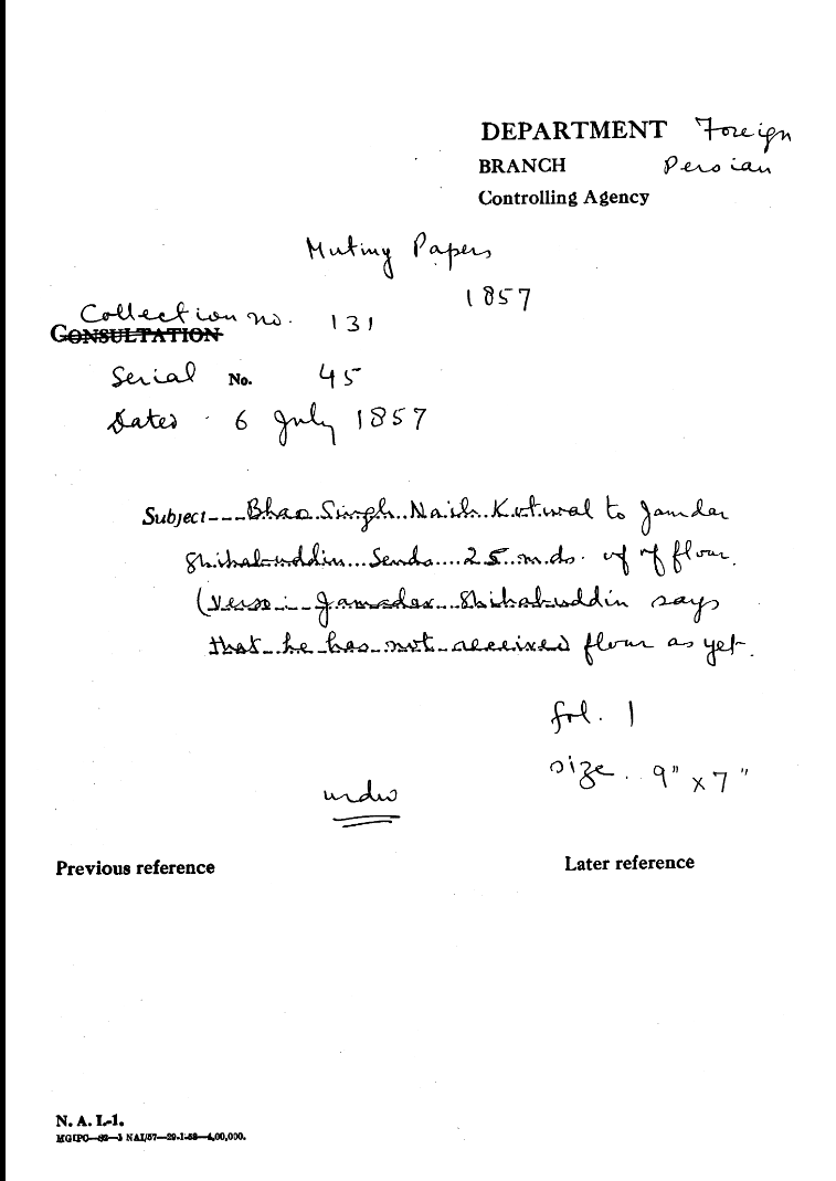 Bhao Singh Naib Kotwal to Gamdar Shihabuddin Sends 25 Maunds of Flour (Verso Jamadar ShaihAbuddin Says That he Has Not Received Flour as Yet.