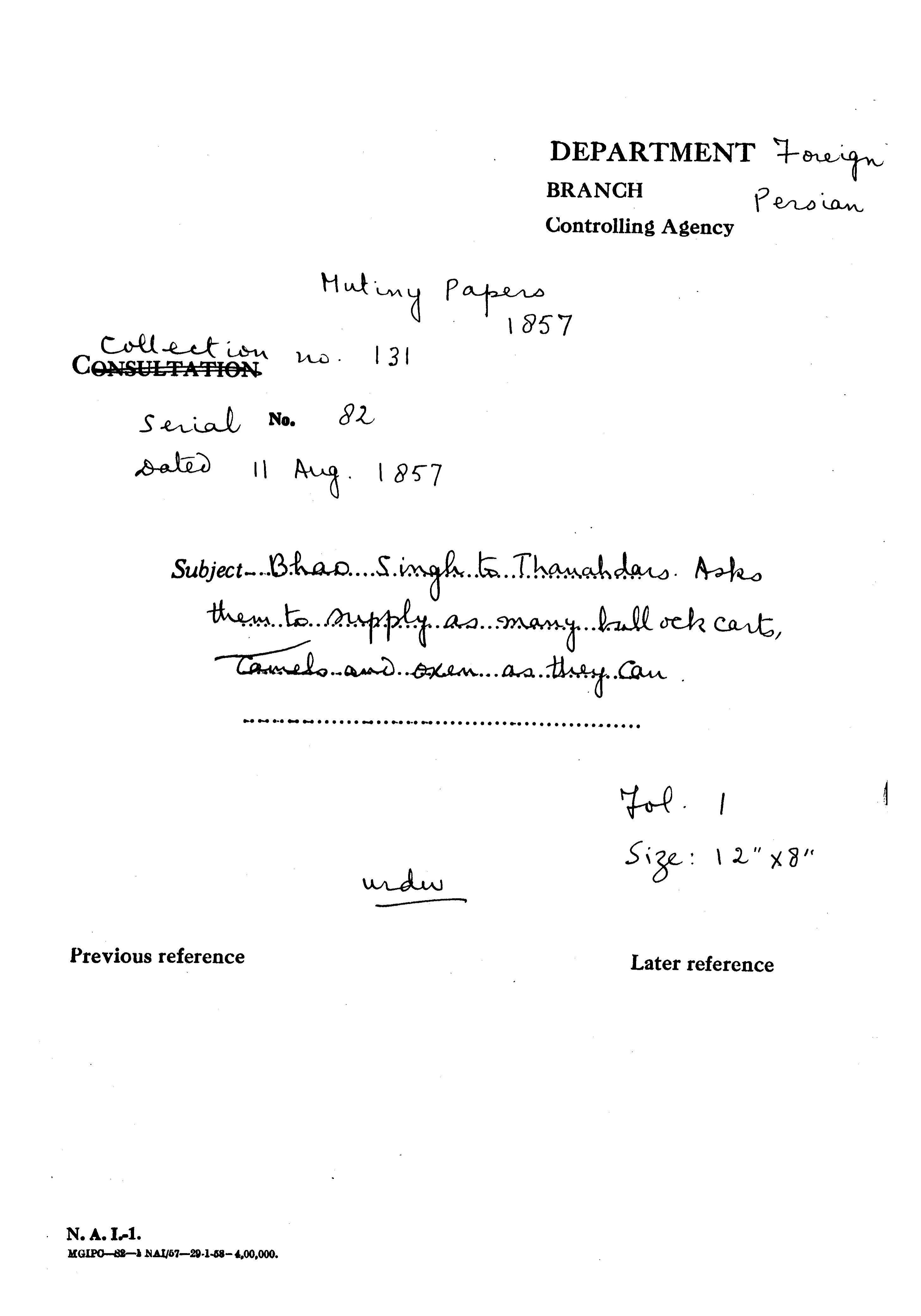 Bhao Singh to Thanahdar asks them to Supply as Many Bullock Carts Camels and Oxen as they Can.