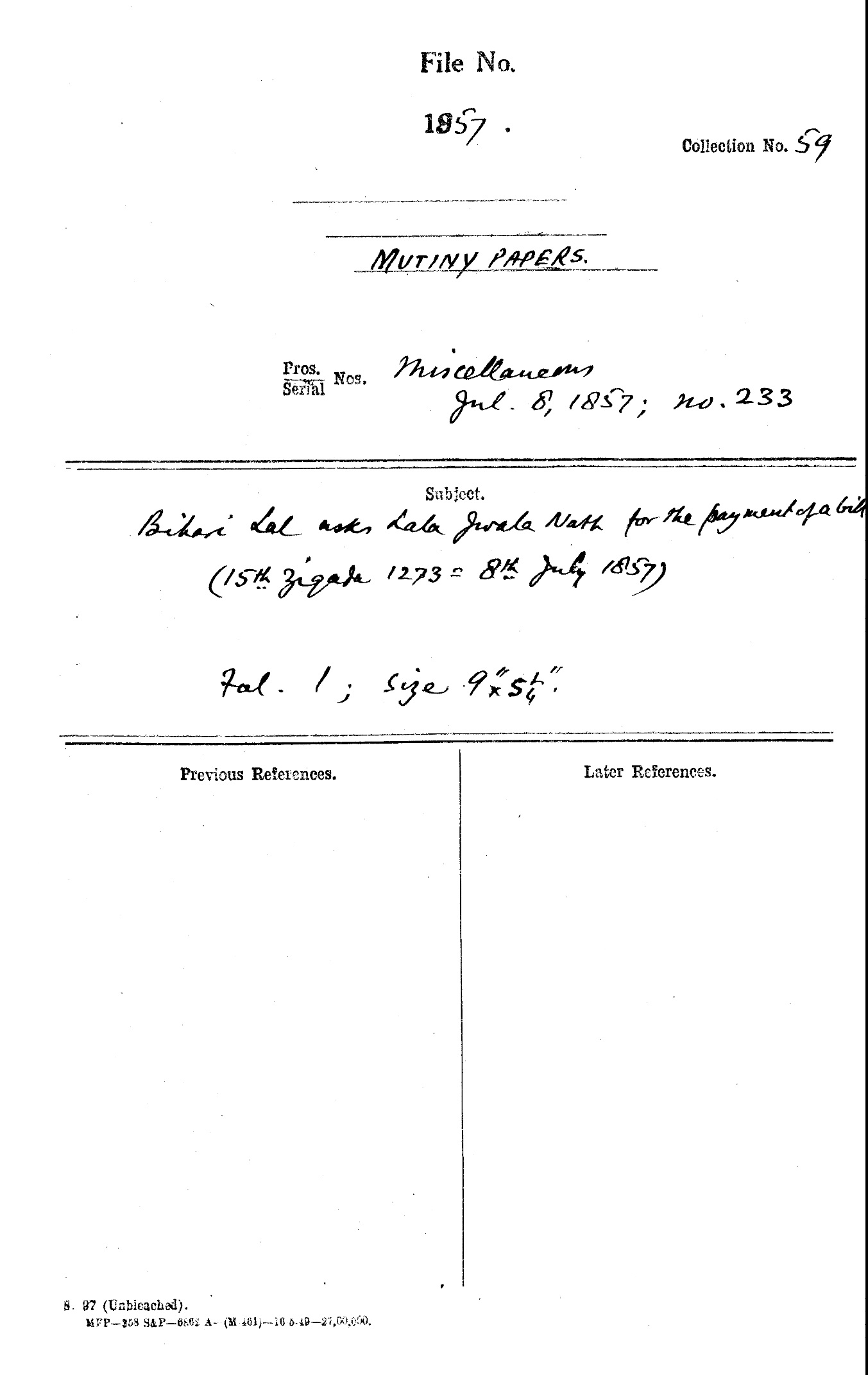 Bihari Lal asks Lala Jwala Nath For the Payment of a Bill ( 15th Zilqada 1273, July 8, 1857).