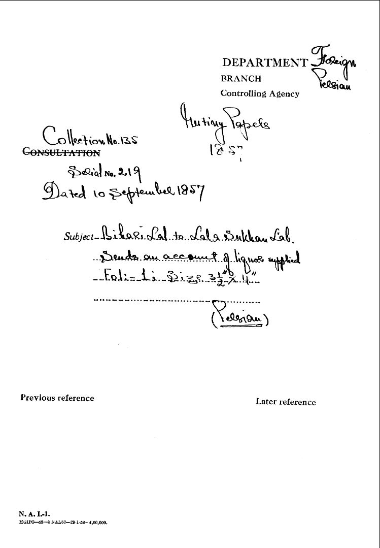 Bihari Lal to Lal Sukhan Lal Sends an account of Liquor Supplies