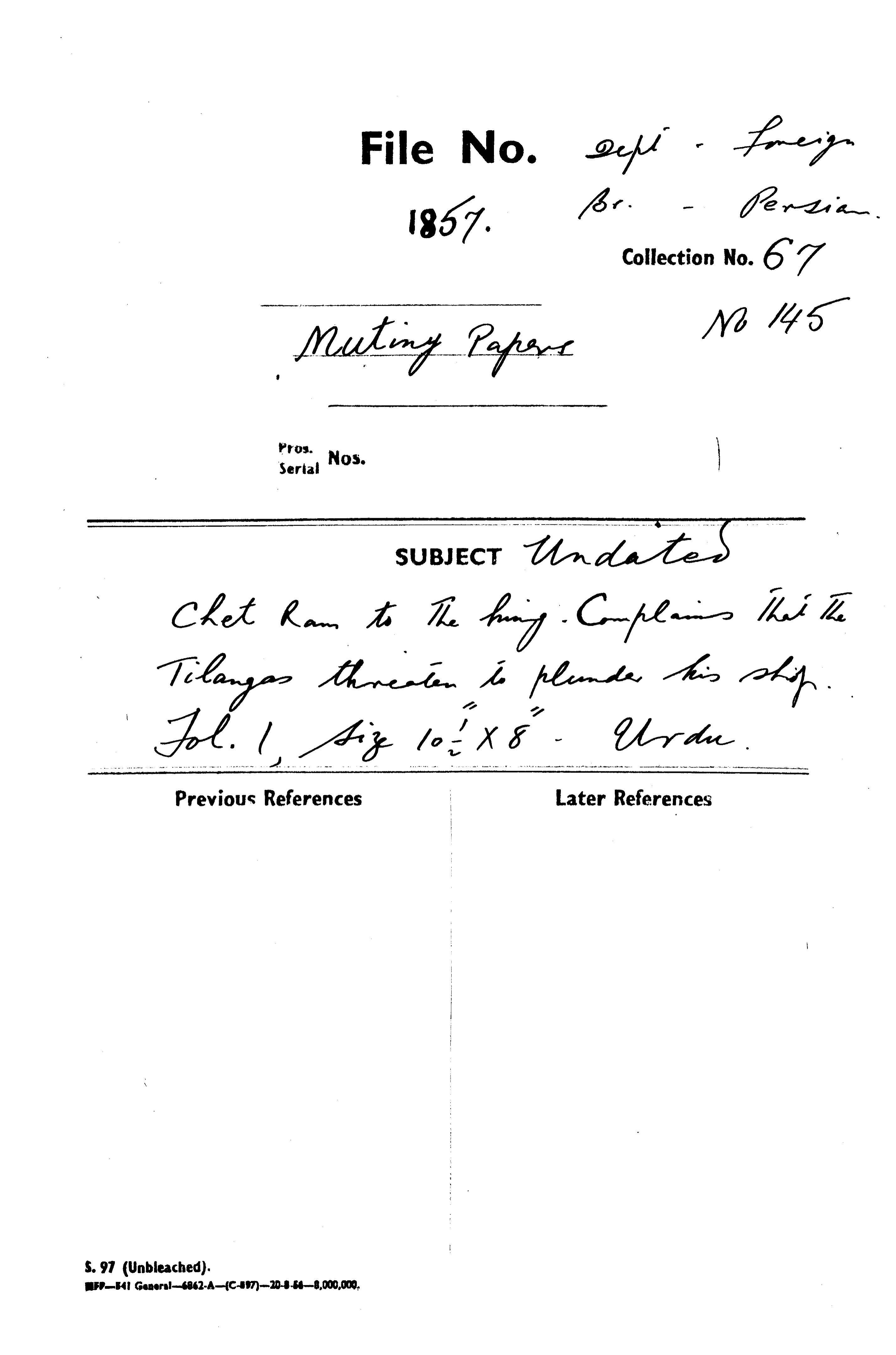Chetram to the Emperor Complain that the Tilangas Threaten to Plumber His Shop.