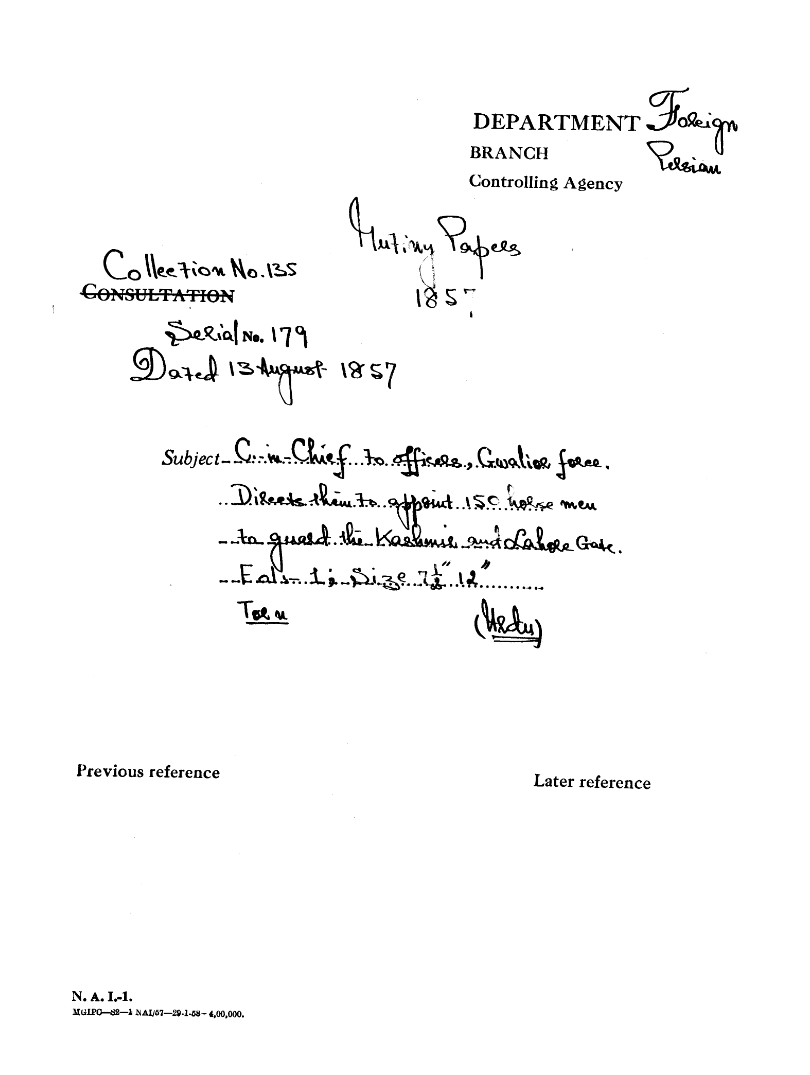 C-in-C Chief Mirza Mughal to officers Gwalior Force Directs them to appoint 150 Horse Men to Guard the Kashmiri and Lahore Gate