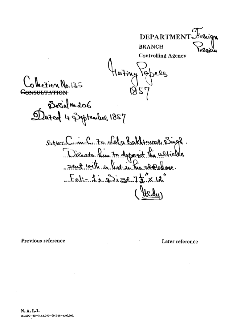 C-in-C (Mirza Mughal) of Lala Bakhtawar Singh Directs him Deposit the articles Suet With a List In Has Storehouse