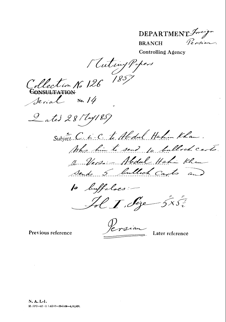 C-in-C (Mirza Mughal) to Abdul Hakim Khan asks him to Send 10 Bullock Cart Verso Abdul Hakim Khan Sends 5 Bullock Carts and 10 Buffaloes.