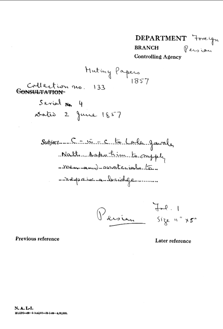 C-in-C (Mirza Mughal) to Lala Jawala Nath asks him to Supply Men and Materials to Repair a Bridge