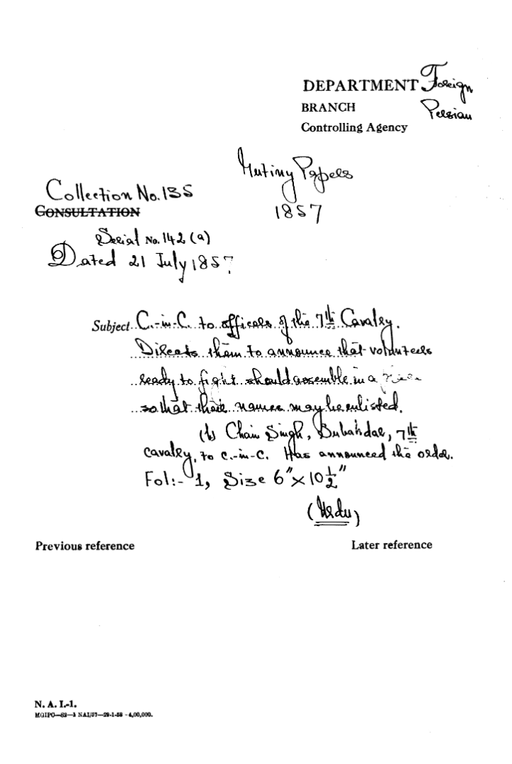 C-in-C (Mirza Mughal) to officers of the 7th Cavalry Direct them to announce that Volunteers Ready to Fight Should assembly In a So that their Names May Be Enlisted (B)Chain Singh Subahdar 7th Cavalry to C-in-C (Mirza Mughal) Has announced the Order.