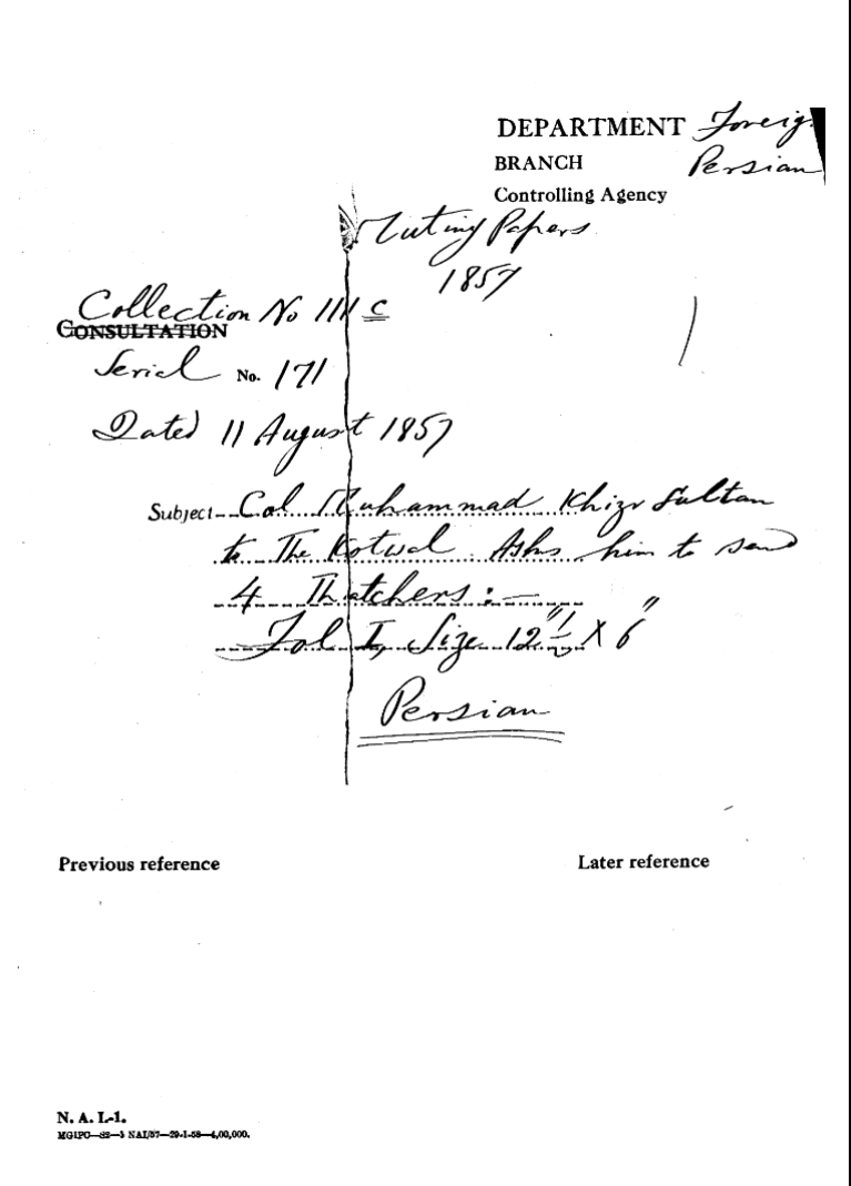 Col Muhamamd Khizr Sultan to the Kotwal. asks him to and 4 thatcher's.