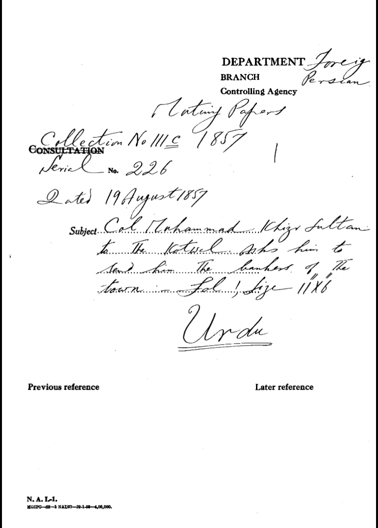 Col Muhammad Khizr Sultan to the Kotwal. asks him to Send him the Bothers of the town.