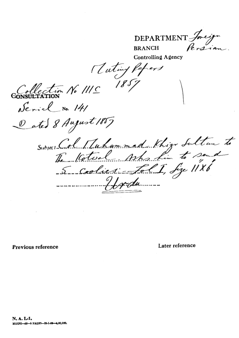 Col Muhammad Khizr Sultan to the Kotwal. asks him to Send 5 Coolies.