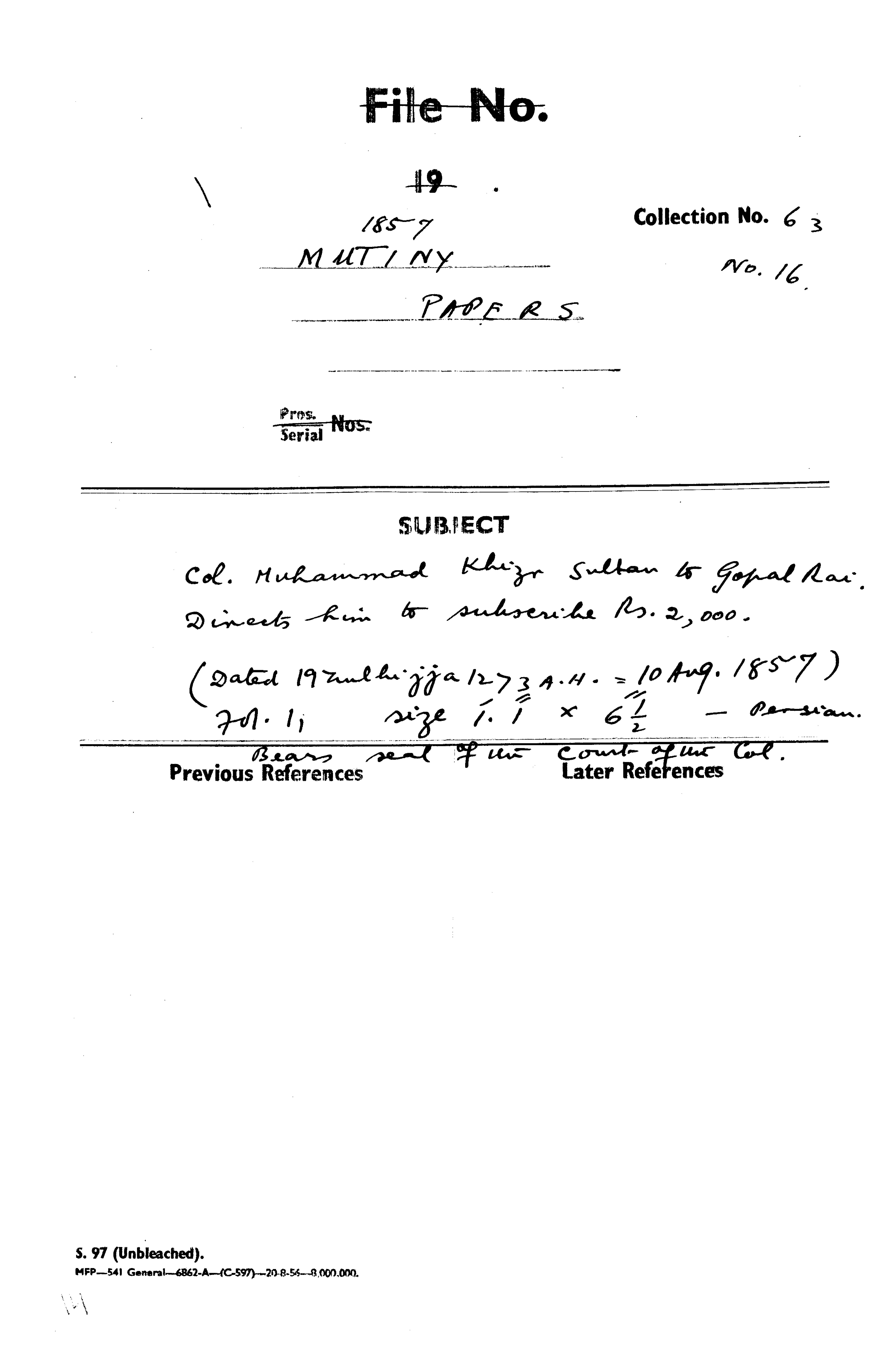 Col. Muhammad Khizr Sultan to Gopal Rai Directs him to Subserihe Rs. 2,000. (Delhi)