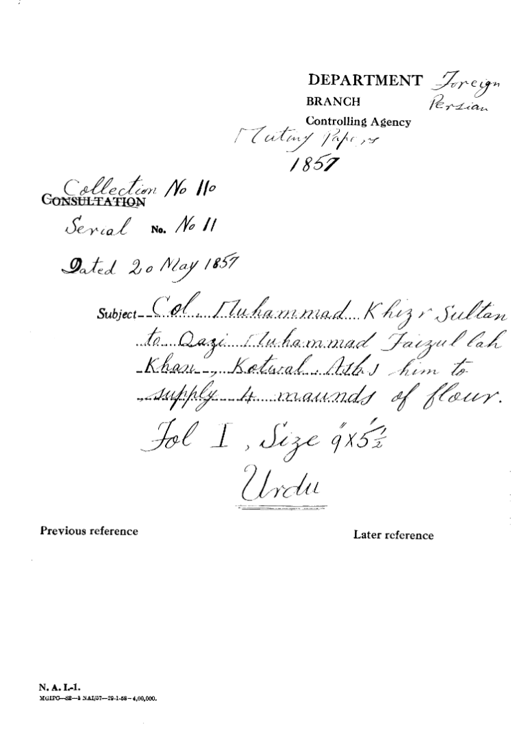 Col. Muhammad Khizr, Sultan to Qazi Muhammad Faizullah Khan, Kotwal asks him to Supply 4 Maunds of Flour.