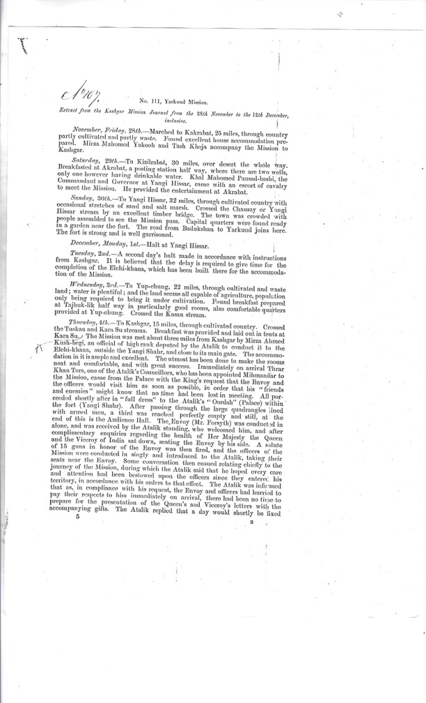 Comments from Kashgar Mission Journal from the 28th November 1873 to 12th December 1873