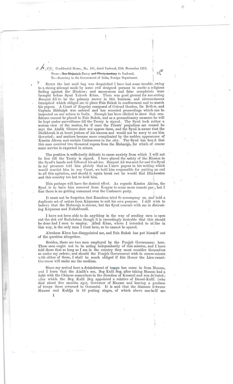 Confidential Memo Dated Yarkund 25th Nov 1873 and Dated Kashgar 11th Dec 1873