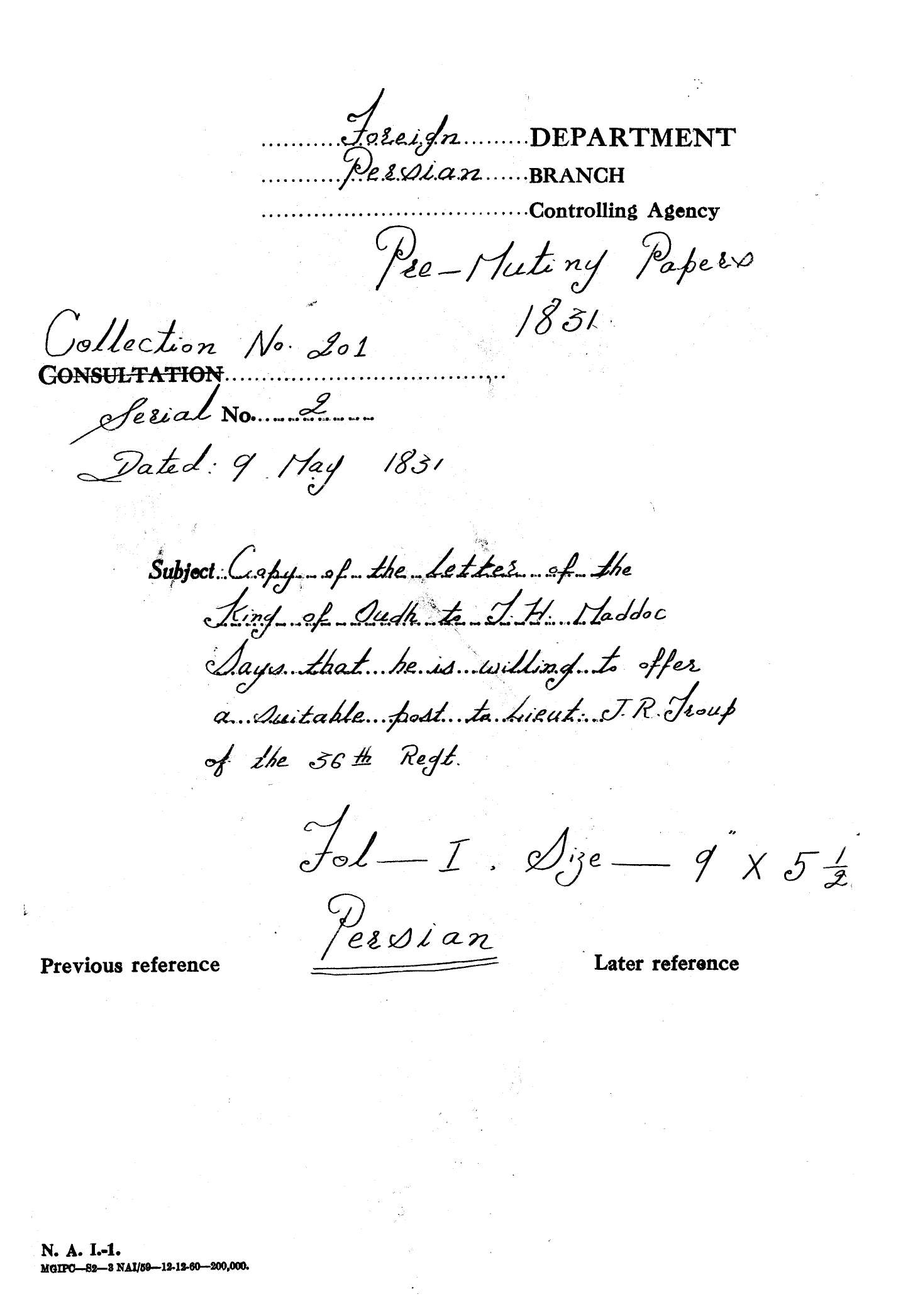 Copy of the letter of king oudh to J.H Maddoc