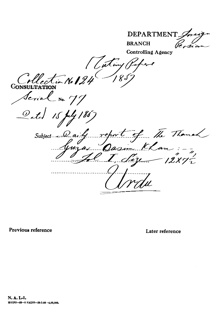 Daily Reports of the Thanah Guzar Qasim Khan.