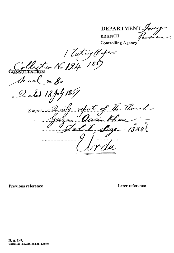 Daily Reports of the Thanah Guzar Qasim Khan.