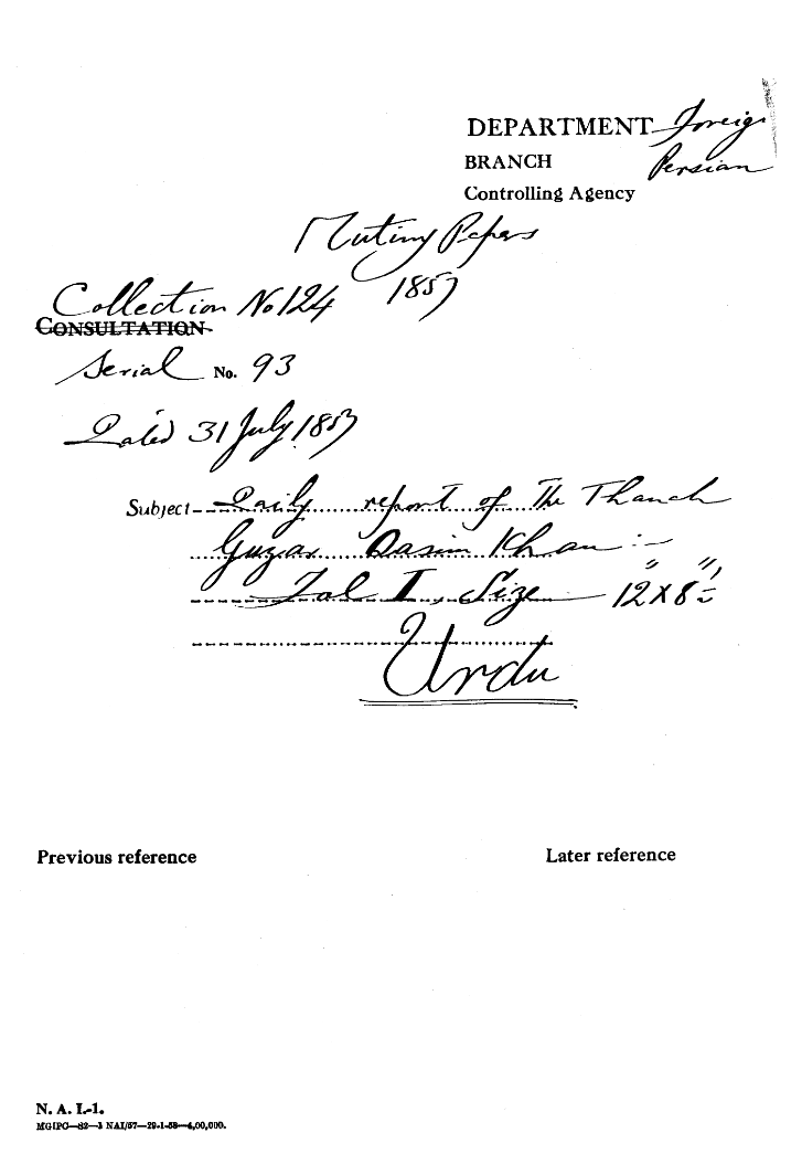 Daily Reports of the Thanah Guzar Qasim Khan.