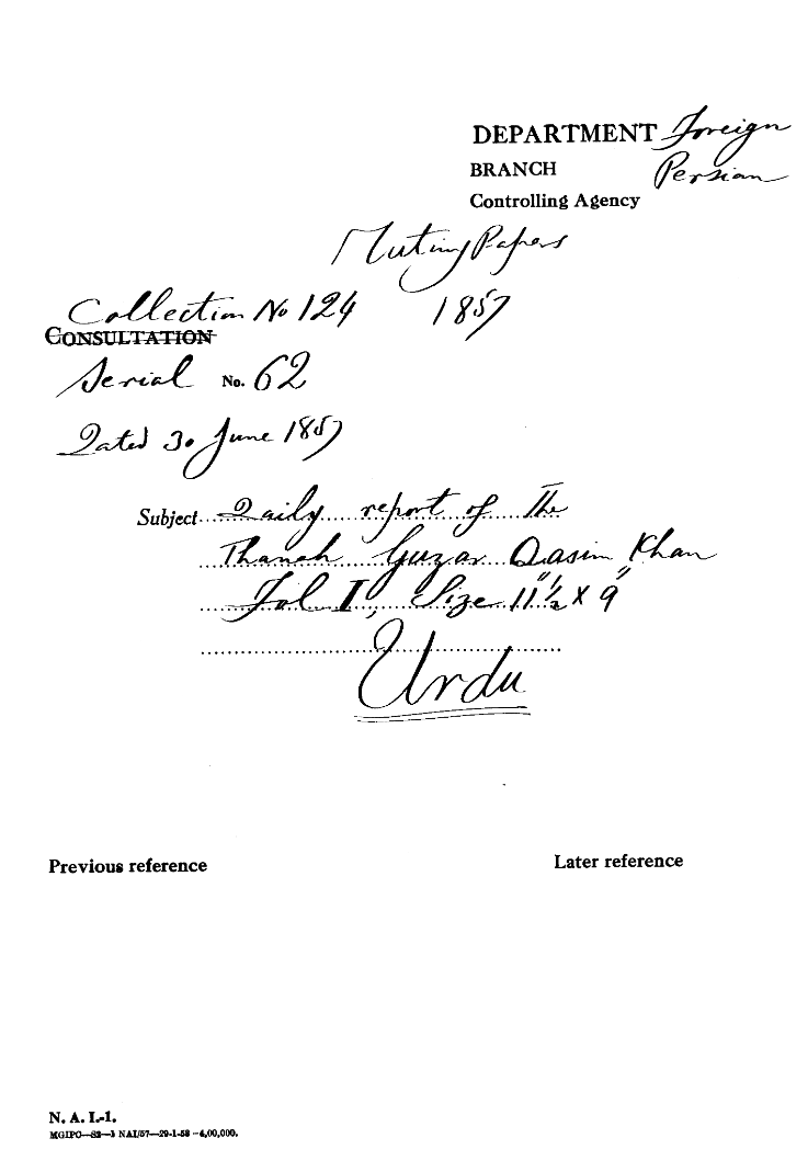 Daily Reports of the Thanah Guzar Qasim Khan.