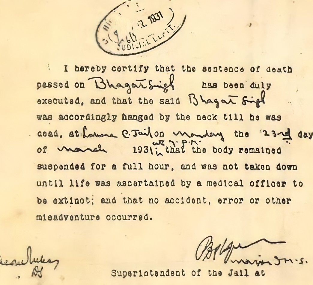 Death certificate of Bhagat Singh
