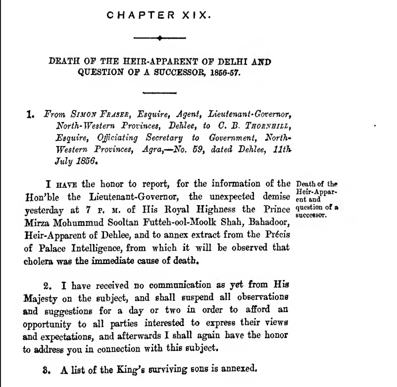 Death of the Heir-Apparent (Fath-ul-Mulk) of Delhi and Question of a Successor taken from Records of the Delhi Residency and Agency, 1856-57