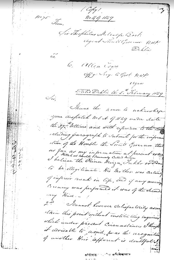 Delhi from Agent lieutenant Delhi to Office.sec Agra. informing him about Nomination of Mirza Fakhrudeen Son of Emperor of Delhi.